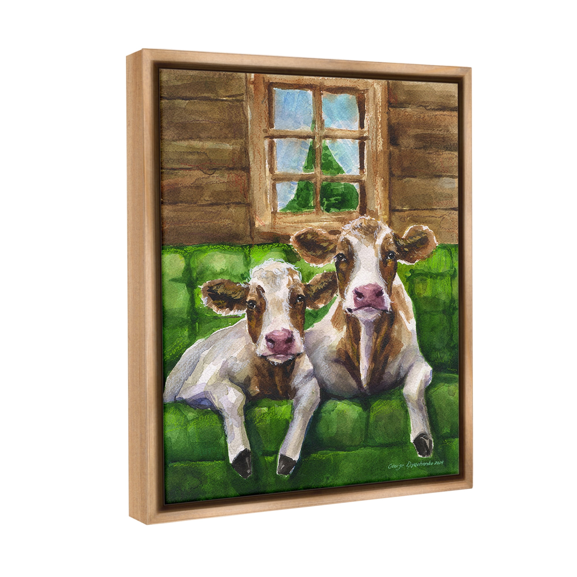 Stupell Industries Cows in Barn Cabin Animals & Insects Painting Brown Floater Framed Canvas Art Print Wall Art, 17 x 21