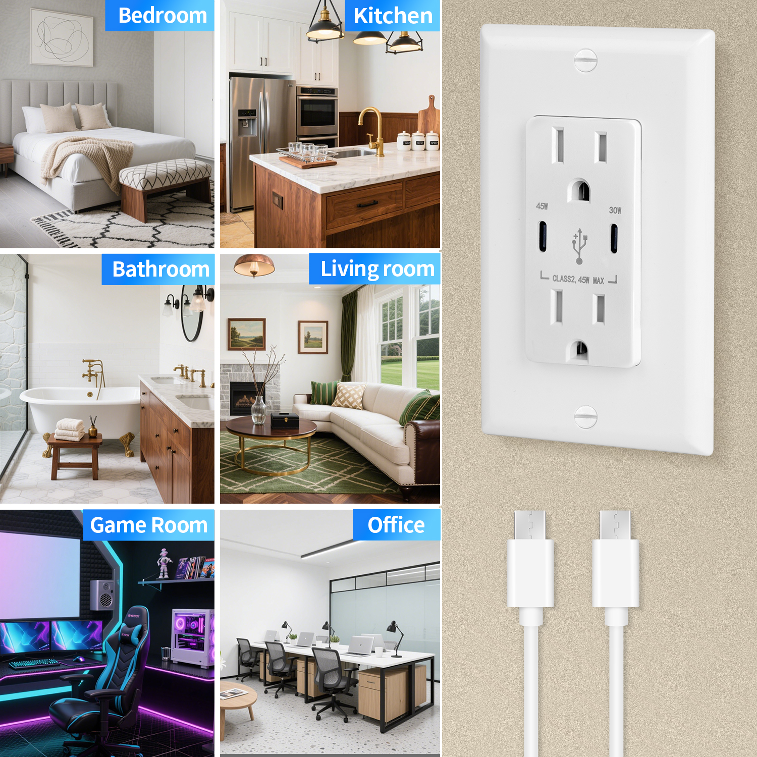 (10-Pack) CirQSafe 15A Tamper Resistant Duplex Wall Outlet with USB-C 45W PD & USB-A 30W QC Fast Charging Ports, Smart Chip, Wall Plate Included, White