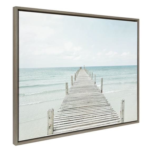Kate and Laurel Sylvie Wooden Pier on the Beach Framed Canvas Wall Art by Amy Peterson Art Studio, 31.5x41.5 Gray, Coastal Calming Beach Wall Decor