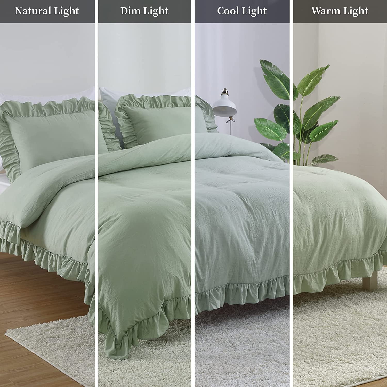 Garvee Ruffled Duvet Cover, Soft Washed Microfiber Vintage French Country, Sage Green 104"x90"