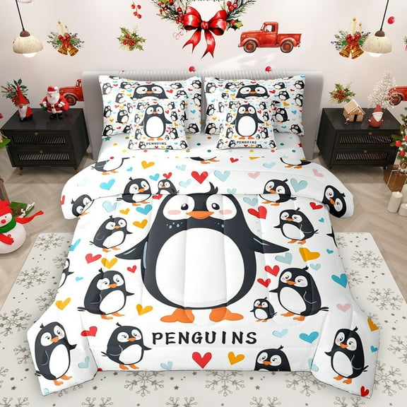 Homewish Cute Cartoon Penguin 7-Piece Twin Bedding Sets,Antarctic Wild Animal Bedding Comforter Set,Colorful Heart Print Sheet Sets For Boys Hgirls,Breathable Home Decor Reversible