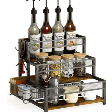 3 Tier Coffee Syrup Rack Organizer, 12 Water Bottles Holder Stand Liquor Cabinet Storage Shelves, Wine Rack Countertop Storage Rack Coffee Bar Cabinet for Kitchen