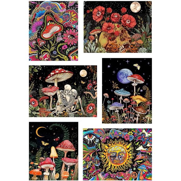 shiyou-Diamond Painting Kits for Adults, 6 Packs 5D DIY Skull and Mushroom Diamond Art Kits Full Drill Diamond Dots for Gift Wall Decor Gem Arts 12x16 inch