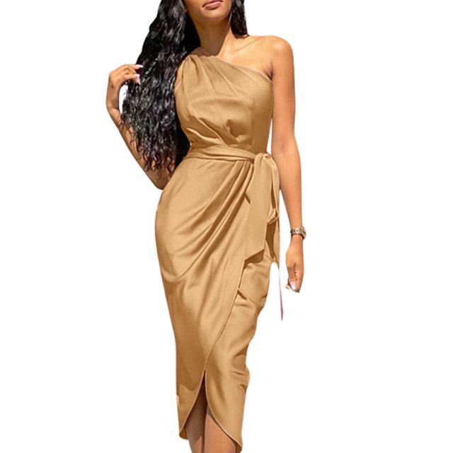 Txlixc Vestido sexy de un solo hombro para mujeres, vestido de adulto de verano sin mangas de color sólido Txlixc moda
