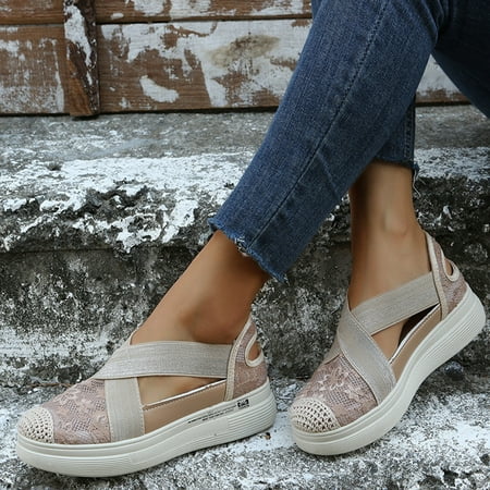 

ERTUTUYI Ladies Fashion Mesh Breathable Lace Cross Elastic Strap Shallow Platform Casual Shoes Khaki 40