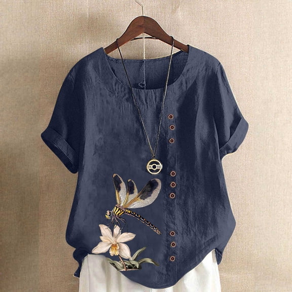 CLOISE Loose Short Sleeve Shirts for Women Plus Size Tops Button Round Neck Casual Pullover Graphic Summer Blouses Navy