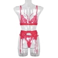thumbnail image 3 of Conjunto de ropa interior de encaje floral de 3 piezas para mujer, sujetador sexy, bragas, liguero, rojo vino, M Kearding XX000052-14, 3 of 7