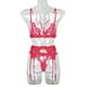 thumbnail image 3 of Conjunto de ropa interior de encaje floral de 3 piezas para mujer, sujetador sexy, bragas, liguero, rojo vino, M AweSitey XX000052-14, 3 of 7