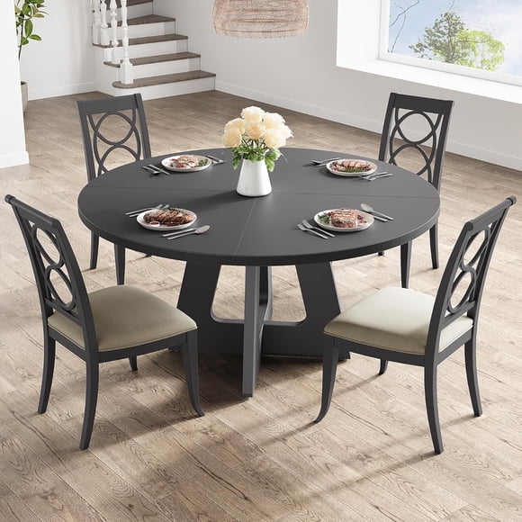 Eastvita 47-Inch Round Farmhouse Dining Table for 4-Black/with Wooden Pedestal Base for Home Dining or Living Room (No Chairs)