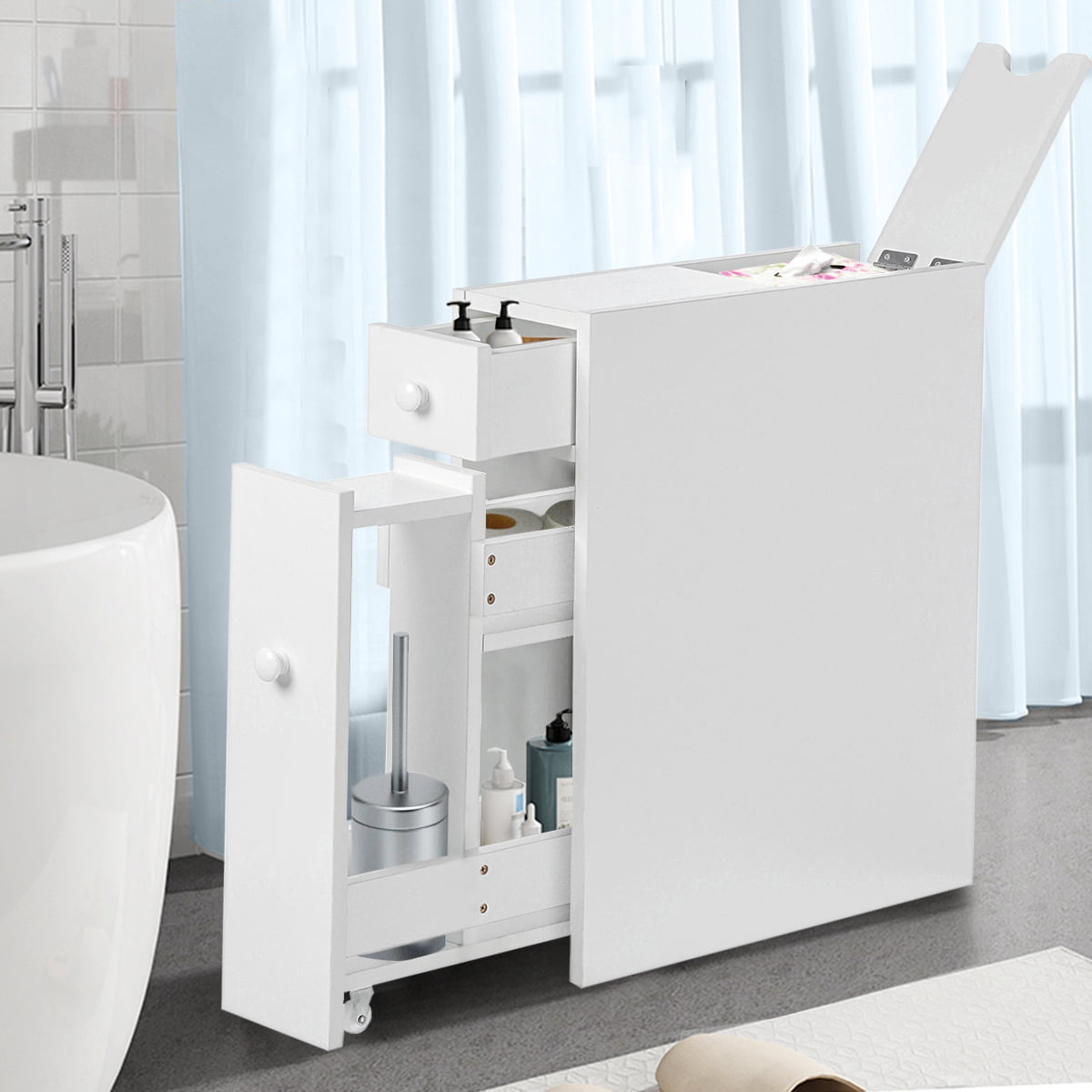 Details about   White Wooden Bathroom Floor Cabinet Storage Cupboard W/ Shelves Free Stand 