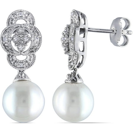 Miabella 9-9.5mm White Round Cultured Freshwater Pearl and Diamond Accent Sterling Silver Dangle Earrings