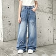 thumbnail image 2 of yillto Little Girls Fashion Jeans Stretch Waist Wide Leg Pants with Pockets Casual Loose Straight Denim Pants, 2 of 6