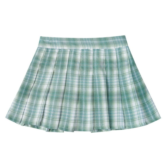 YONGHS Girls Pleated Skirt Elastic Waist Plaid A-line Skirts with Lining Shorts School Uniform Mint Green 7-8