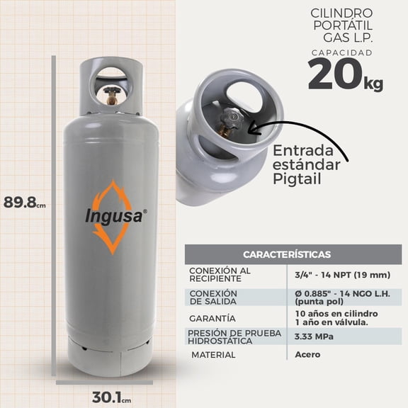 Cilindro de Gas LP 20 Kg Portátil con Válvula Tradicional | Tanque Certificado INGUSA