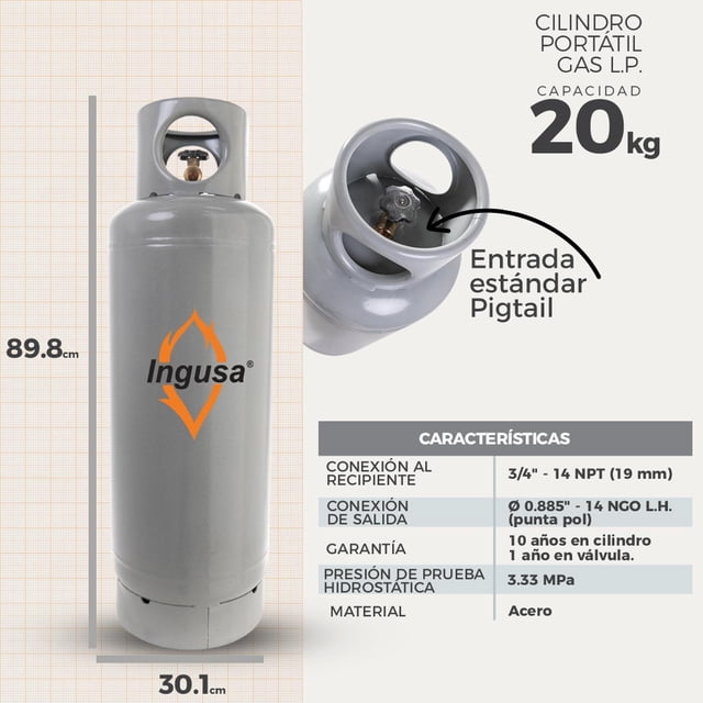 Cilindro de Gas LP 20 Kg Portátil con Válvula Tradicional | Tanque Certificado INGUSA