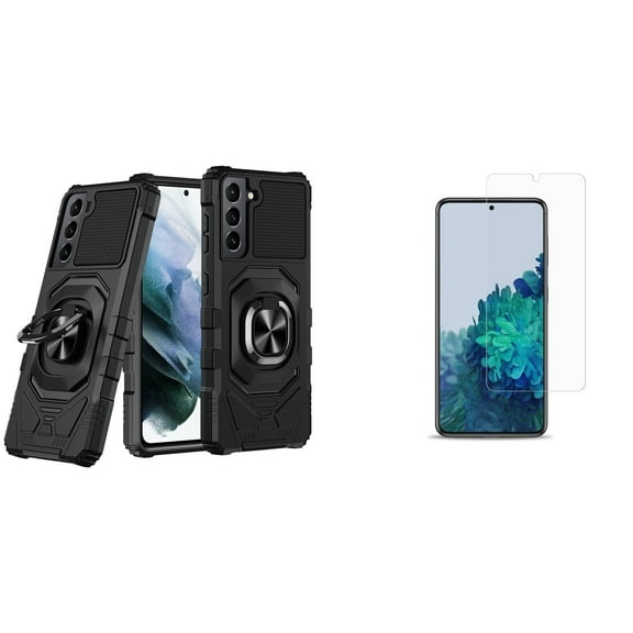 Case with Screen Protector Bundle for Samsung Galaxy S22: Heavy Duty Shield Cover (Black) and (2-Pack) Tempered Glass Shields
