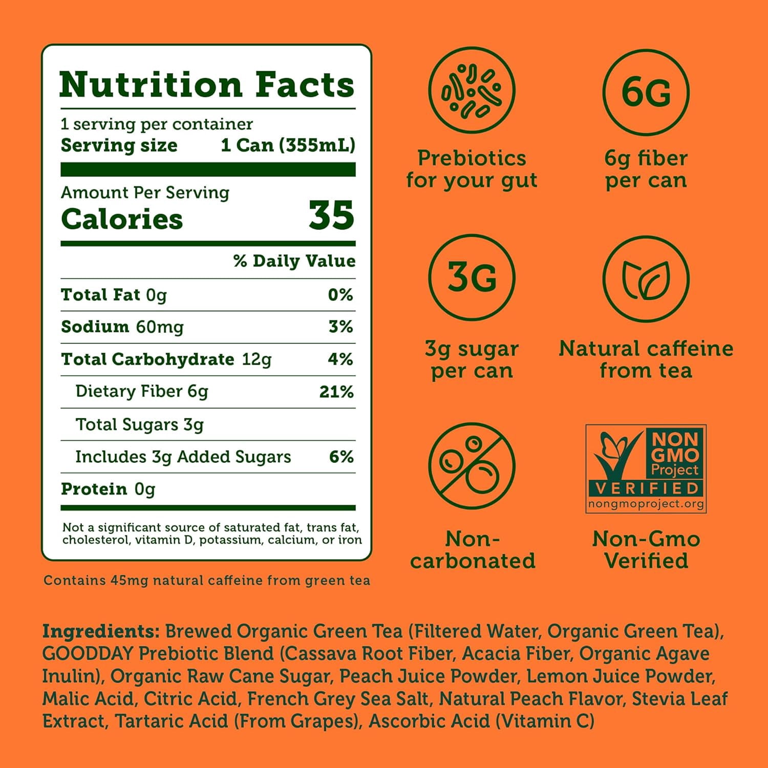 Halfday Prebiotic Peach Iced Tea Drink, 6g Fiber, 12 fl oz Single Can