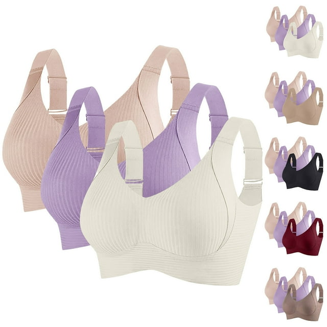 CFLVAEK 3PCS Seamless Bras for Women 2025 Push Up Adjustable Bras Cozy Ribbed Wireless Full Support Sports Bra Solid Color Plus Size XXL