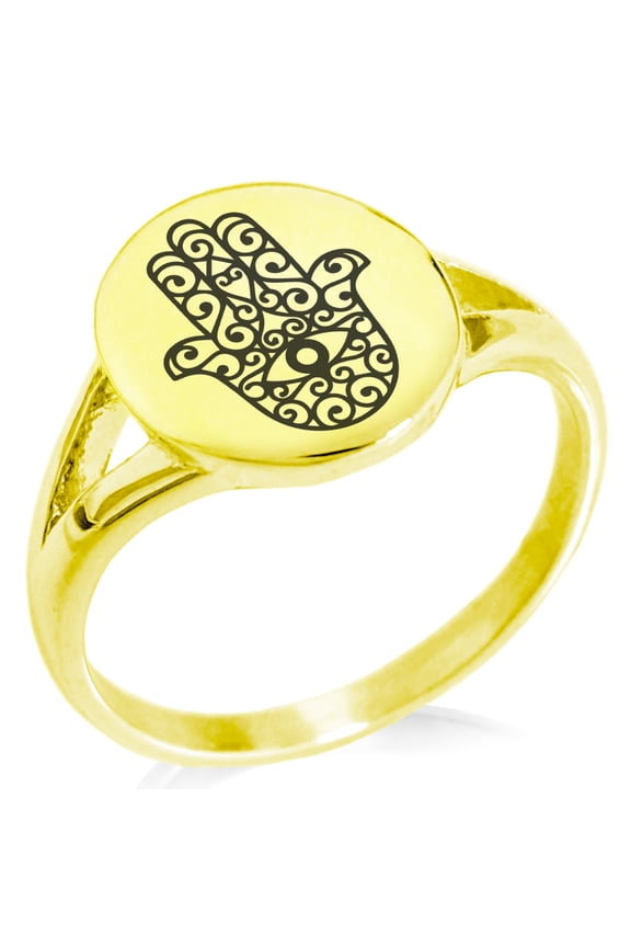 Stainless Steel Filigree Hamsa Hand of Fatima Minimalist Oval Top Polished Statement Signet Ring