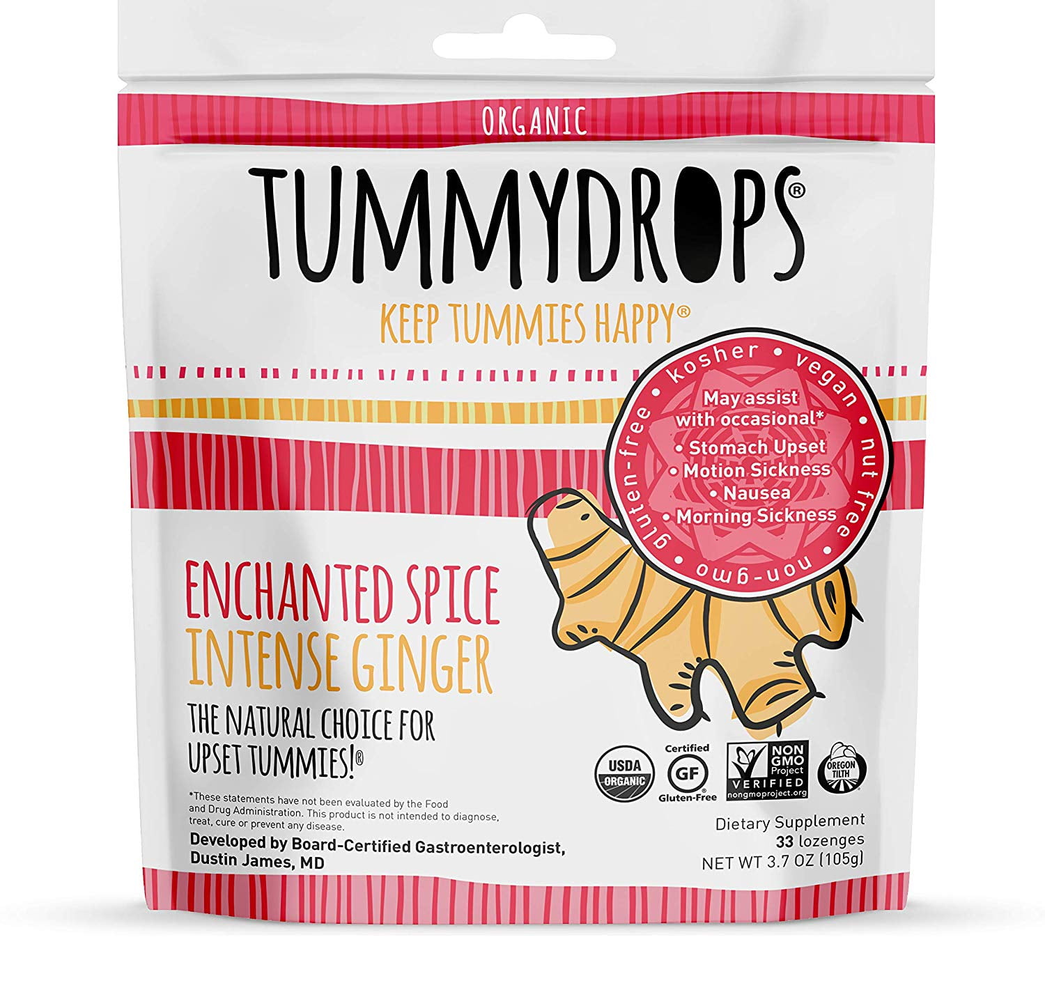 Enchanted Spice Intense Ginger Tummydrops (Resealable Bag of 33 Individually Wrapped Drops) Certified Oregon Tilth USDA Organic, Non-GMO Project, GFCO Gluten-Free, and KOF-K Kosher