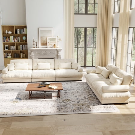 FFZ Modular Velvet Sofa Set with Throw Pillows and Round Armrests Cream
