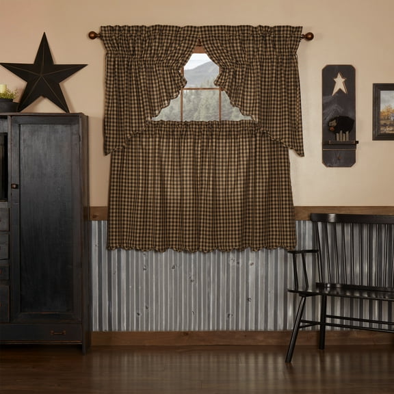 VHC Brands Black Check 4 PC Raven Curtain Set (2 Prairie Swag 36x18 and 2 Tier 36x36)