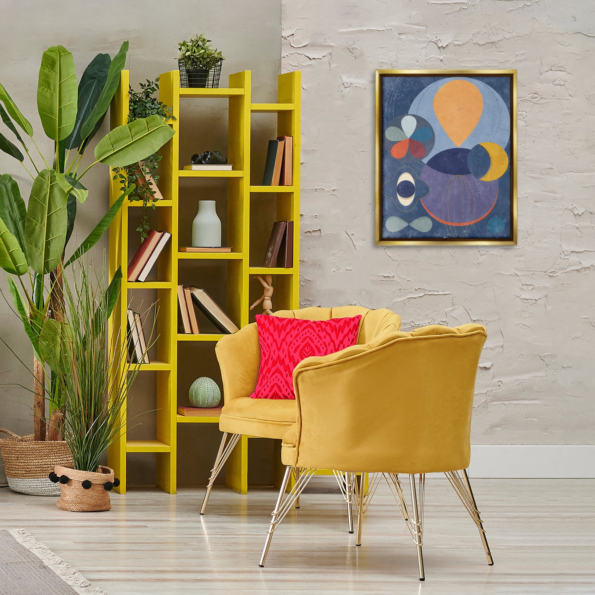 Stupell Industries Blue Retro Collage Abstract Painting Gold Floater Framed Canvas Art Print Wall Art, 17 x 21