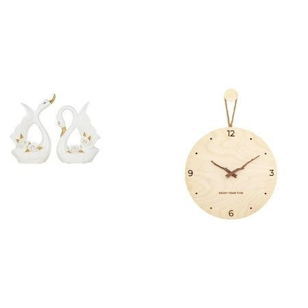 2 Swan Statues 1 Decorative Wall Clock Ceramic Wood Silent Feature Modern Nordic Office Home Decor
