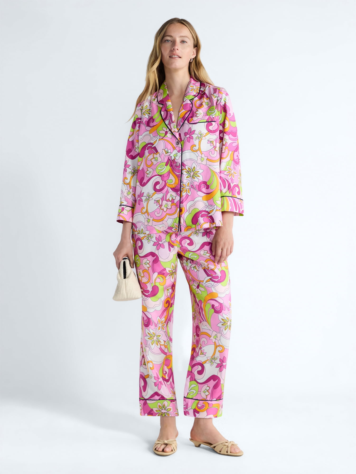 Free Assembly Women's and Women's Plus Silk Day Jama Shirt with Long Sleeves, Sizes XS-4X