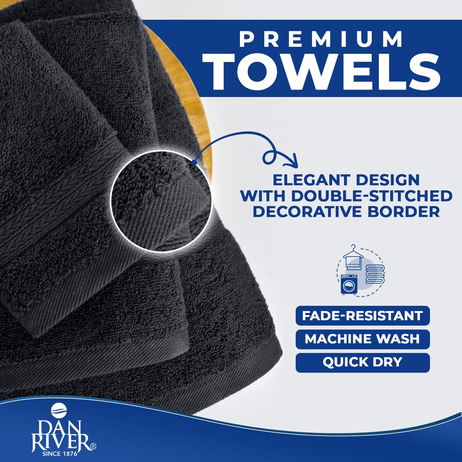 Dan River 8 Piece Towel Set Soft Quick Drying Cotton Bath Towel For Gym, Spa and Bathroom - Charcoal