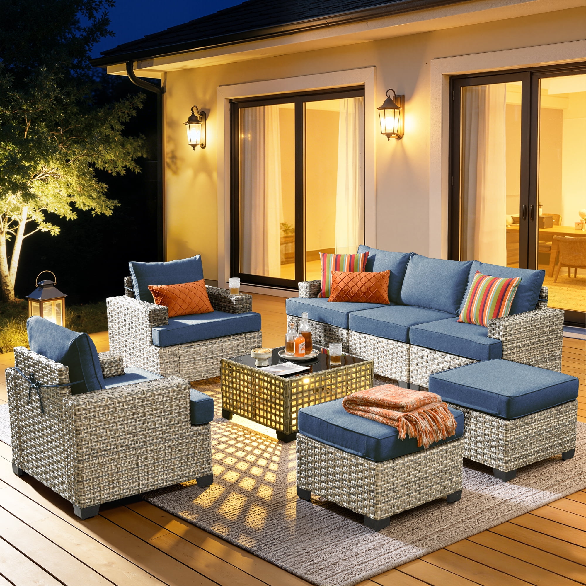 Vcatnet 8 Pieces Outdoor Patio Furniture Sectional Sofa PE Rattan Wicker Conversation Set with Solar Powered Coffee Table for Porch, Backyard, Denim Blue