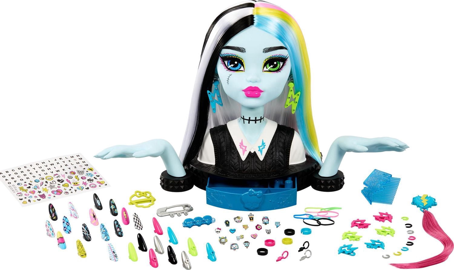 Monster High Frankie Stein Doll Head for Hair Styling with 65+ Nail, Hair and Face Accessories