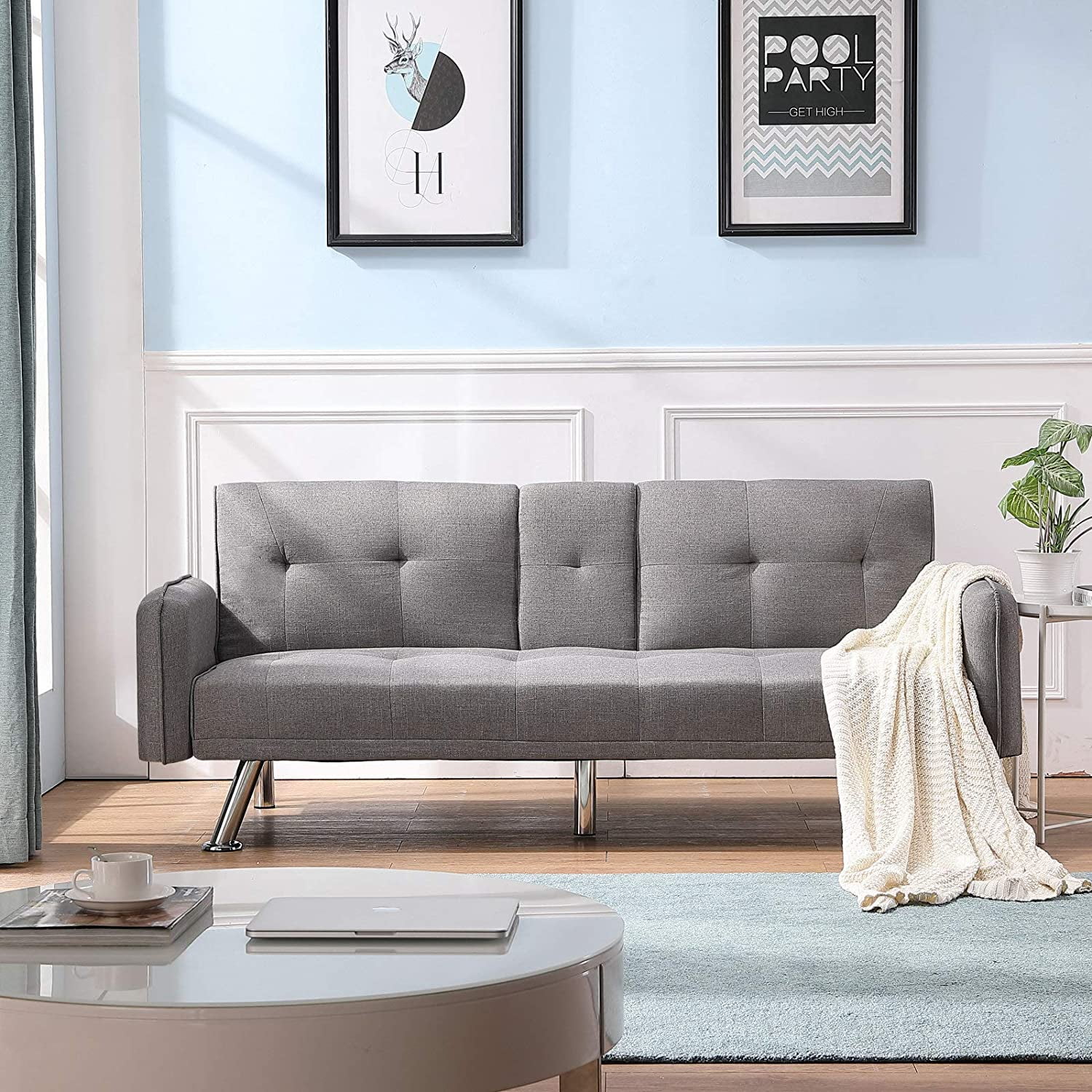 Lowestbest Modern Sofa Bed, Lounge Sleeper Couch, Upholstered Sofas with 2 Cup Holders (Light Gray) Lowestbest Modern Sofa Bed, Lounge Sleeper Couch, Upholstered Sofas with 2 Cup Holders (Light Gray)