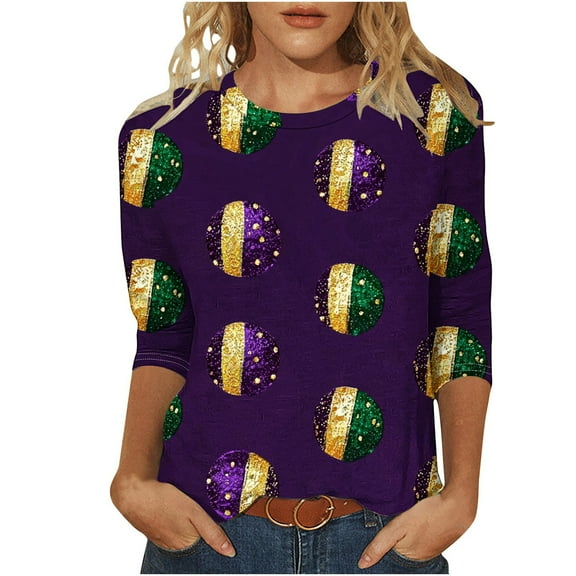 Riecok Women Mardi Gras Blouse Mask Print Crewneck Pullover 3/4 Sleeve Tunic Tops Funny Holiday Tee Shirts