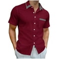thumbnail image 2 of PNTUTB Men's Solid Color Patchwork Check Collar Button Down Short Sleeve Casual Loose Blouse with Pocket, 2 of 6
