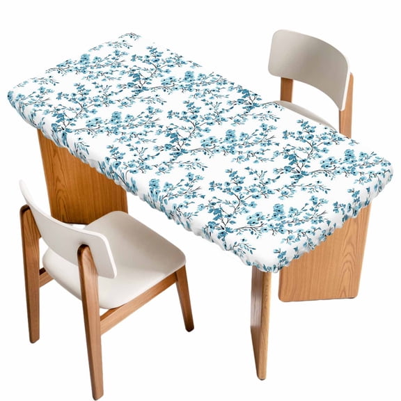 Teal Spring Floral Table Cloths for 6 Foot Rectangle Tables, Elegant Pastoral Flowers Patio Waterproof Elastic Fitted Tablecloths, Washable Rectangular Table Cover for Camping