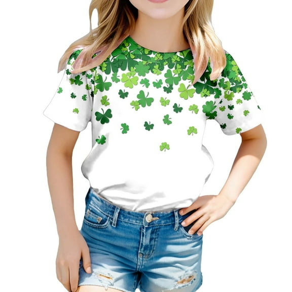 FUZHIQ St Patrick's Day T-Shirt Irish Shamrock Short Summer Shirt Tops Spring Round Neck Holiday Party Outdoor Girls T Shirts Size 8(Green,3-4 Years)