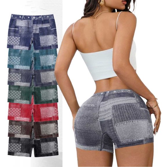 EaskTriop High Waisted Shorts for Women Summer Casual Graphic Printed Denim Look Stretchy Comfy Mid-Thigh Yoga Shorts Festival Party Outfits