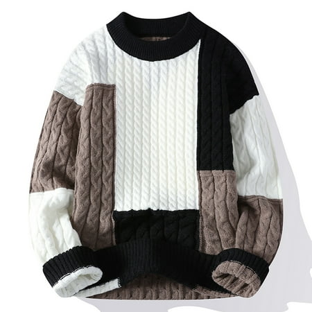 ZCFZJW Fall Mens Fashion Knitwear Lightweight Casual Long Sleeve Round Neck Color Block Print Pullover Sweater Tops Trendy Cable Knit Jumpers Black XL