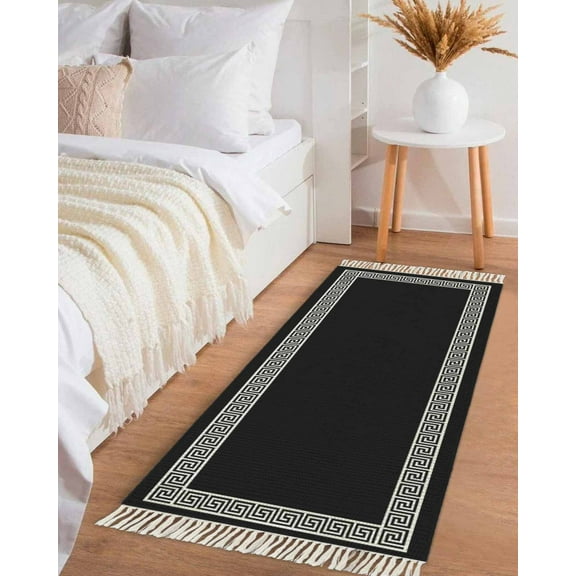 Black Hallway Runner Rug 2x6ft,Modern Geometric Abstract Art Aesthetics Washable Woven Living Room Bedroom Kitchen Bathrom Carpet with Tassels,Non-Shedding Indoor Outdoor Throw Door Mat for Entryway