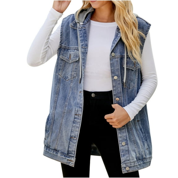 Brglopf Women’s Sleeveless Drawstring Hooded Denim Jacket Casual Button Down Pockets Denim Vests with Detachable Hood