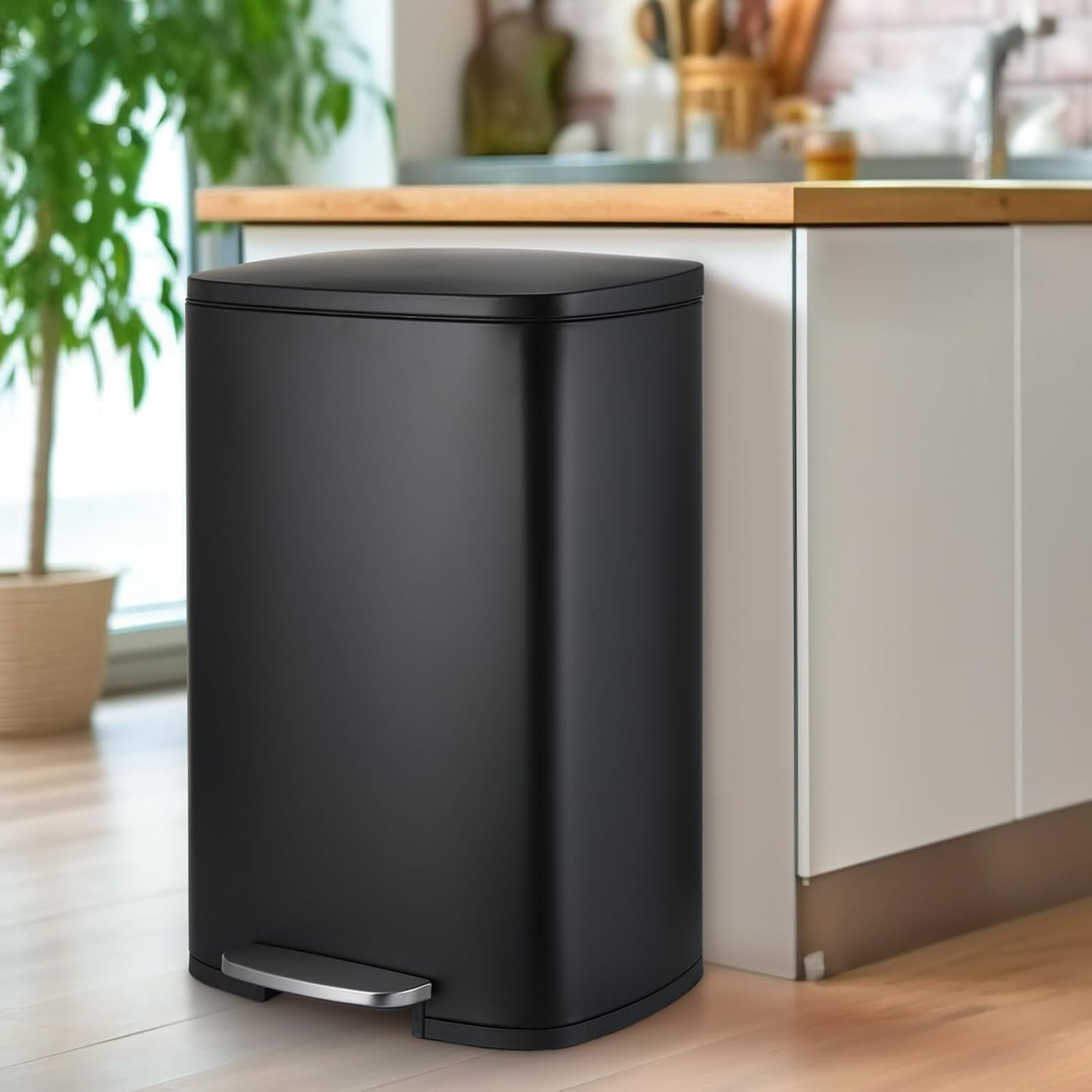 Arlopu 13.2 + 1.3 Gallon Stainless Steel Trash Can Combo, Rectangular Kitchen Garbage Can with Soft Close Lid for Home Bathroom