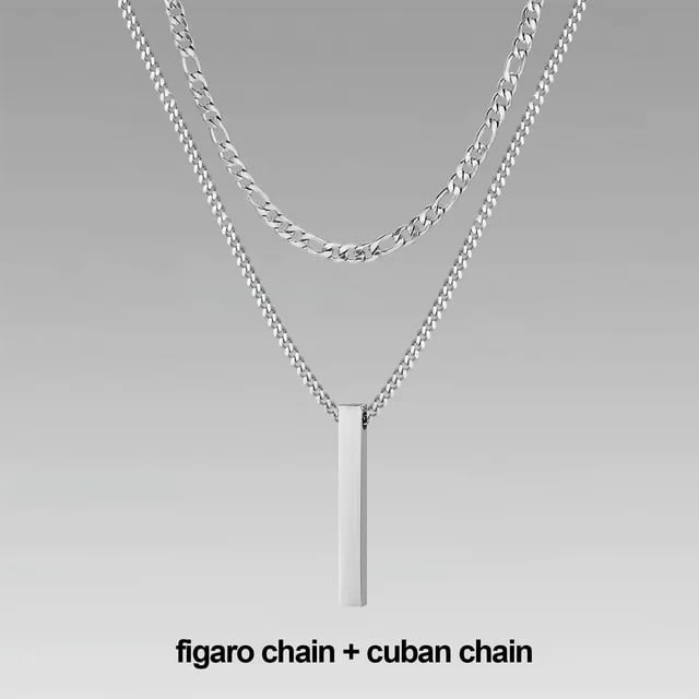 . 3D Vertical Bar Necklaces for Men Layering Stainless Steel Geometric Pendant Layered Wheat Rope Cuban Chain Boy Collar