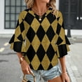 thumbnail image 3 of Black And Gold Harlequin Women's V-Neck Blouse With 3/4 Ruffled Bell Sleeves Casual Top Ladies Blouses, 3 of 7
