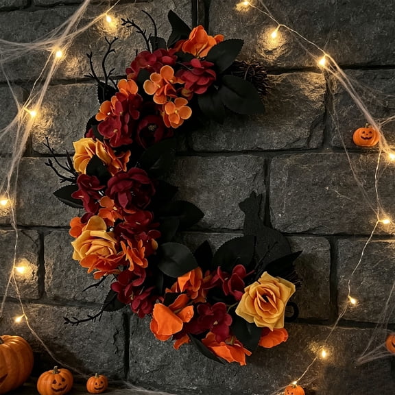 Halloween Crescent Floral Wreath, Artificial Orange Red Rose & Hydrangea Garland, Autumn Front Door Decor, Fall Harvest Hanging Wreath for Porch, Entryway and Halloween Home Scene Layout