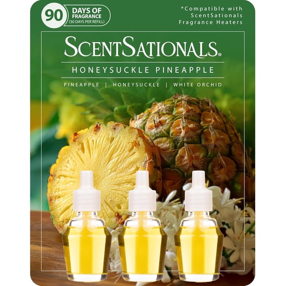 ScentSationals Honeysuckle Pineapple Fragrance Oil Plug In Air Freshener Refills 3-Pack - Works with Scentsationals Wall Plugs, Long-Lasting Home Fragrance, 0.8 fl oz Each, Packaging May Vary