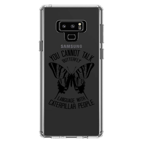 DistinctInk Clear Shockproof Hybrid Case for Samsung Galaxy Note 9 - TPU Bumper Acrylic Back Tempered Glass Screen Protector - Can't Talk Butterfly with Caterpillar People