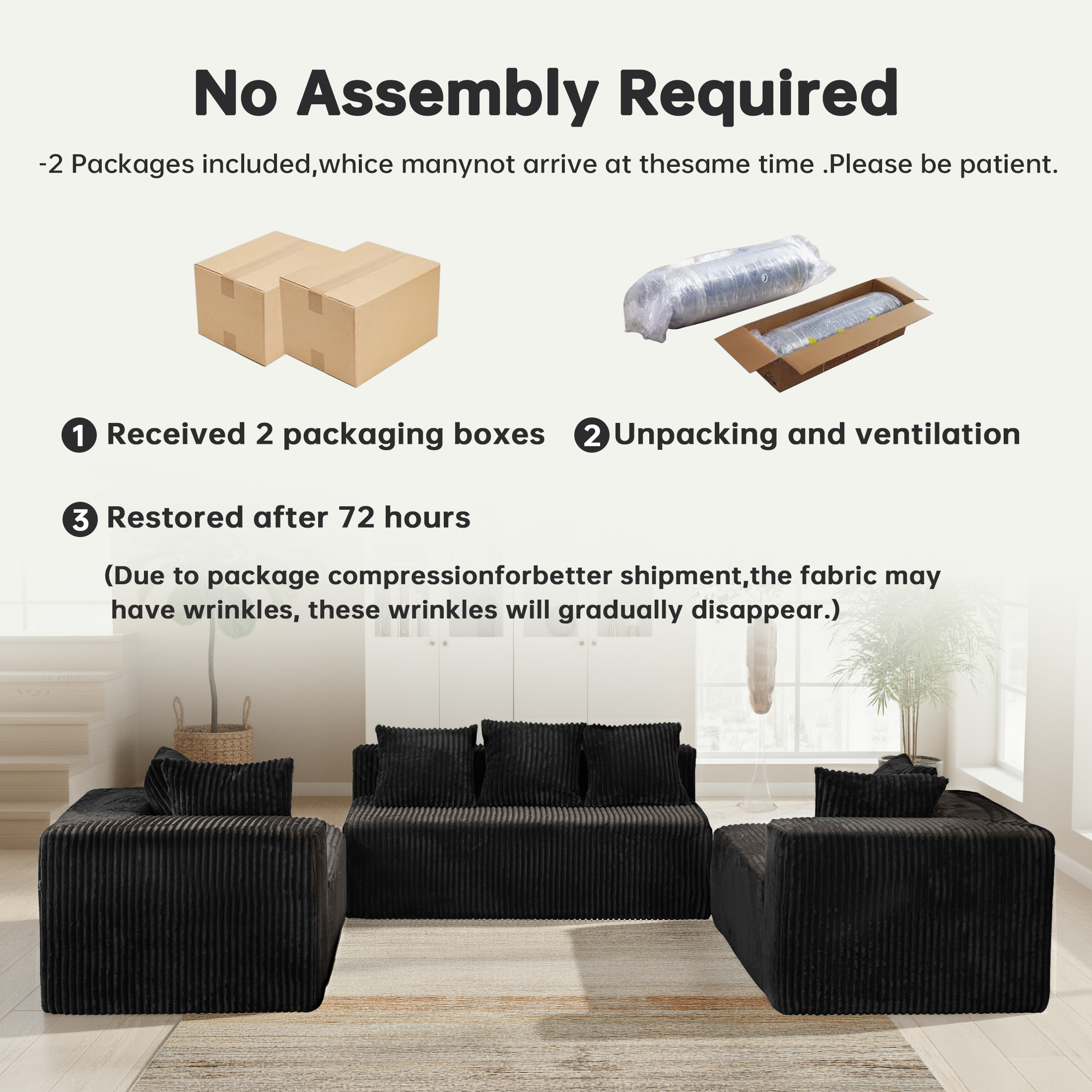 SEENYOO 130"Cloud Sectional Couch,Modular U Shaped Couch with Ottoman, No Assembly Required,Plush Corduroy Sofa with Deep Seat for Living Room,Black