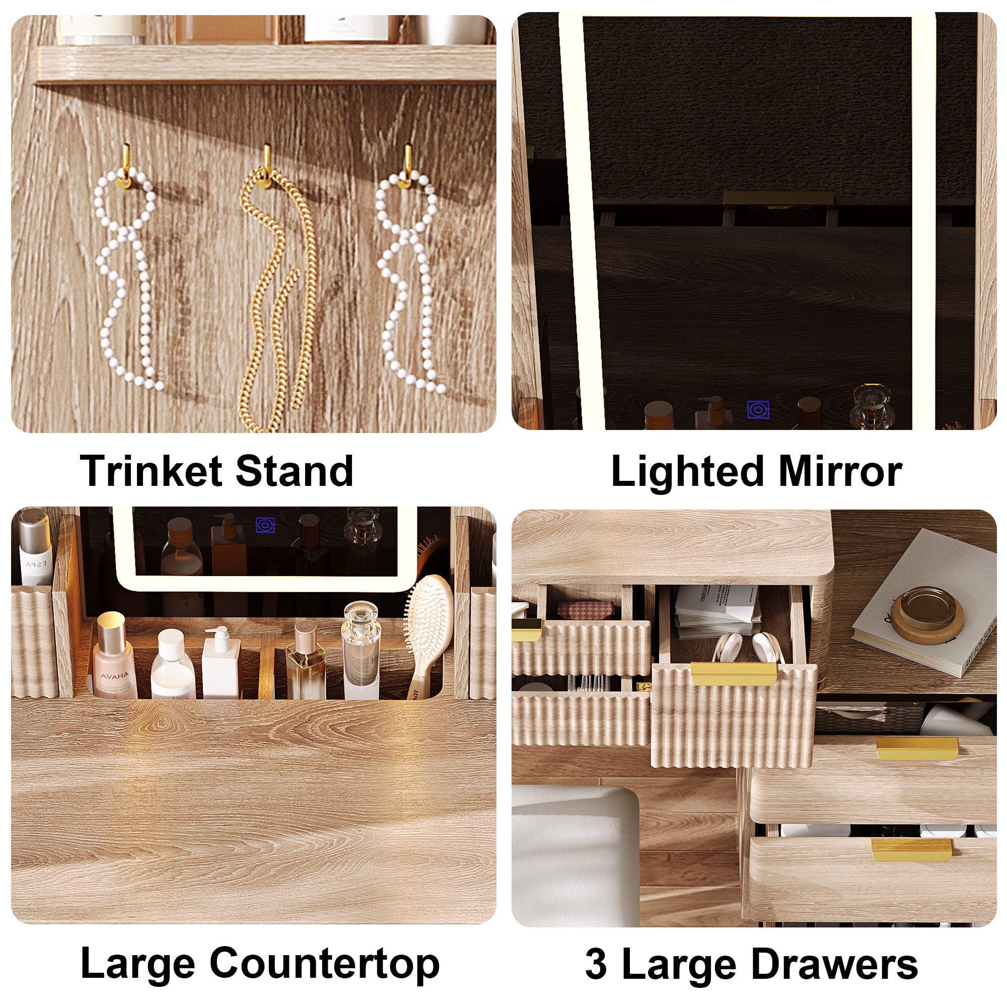 4-Drawer Vanity Desk with LED Mirror and Stool, Fluted Makeup Table with Metal Legs, Yellow Brown