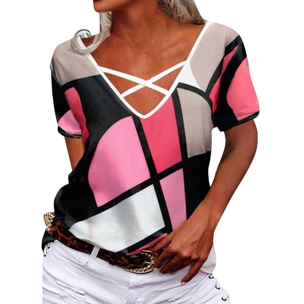 Gibobby Playera Corte clásico para Mujer Camiseta suelta informal con cuello en V para mujer, blusa manga corta con estampado(Rojo,CH)